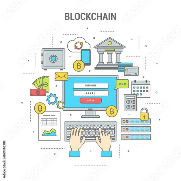 Fototapeta Square blockchain concept finance banner flat design line art. Set of icons of banking and payment by bitcoins, exchange of money. Vector illustration for web site, application and print