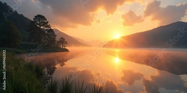 Fototapeta Serene sunrise over a tranquil lake, mist clinging to the water, bathed in golden light Perfect idyllic scenery, peaceful, calm, and breathtakingly beautiful , amazing, reflection, colorful