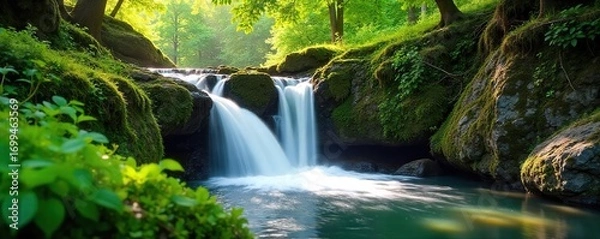 Fototapeta Serene springtime waterfall cascading over mossy rocks, sunlight dappling the lush green foliage Perfect for nature, travel, and serenity themes , vibrant greens, rocks