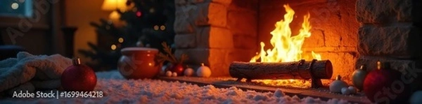Fototapeta Cozy fireplace with glowing embers, decorative logs, and flickering flames creating a warm and inviting ambiance Perfect for winter holidays or romantic evenings , mantelpiece, light, brick