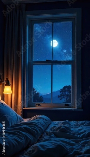 Fototapeta Dark, starlit night sky visible through a bedroom window, moonlight illuminating a ceiling  Perfect for relaxation, sleep, dreams, and celestial themes ,  darkness,  above,  nocturnal