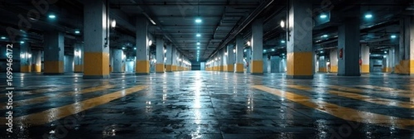 Fototapeta Empty underground parking garage highlighted by artificial lights and reflecting wet floor at night