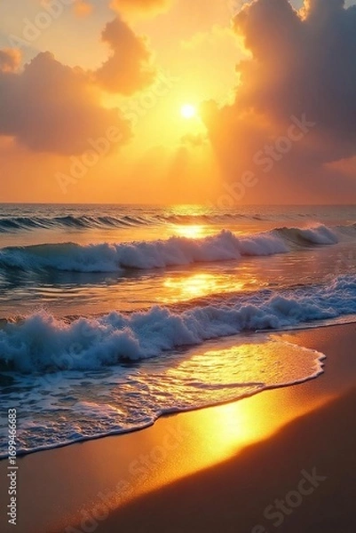 Fototapeta Golden hour sunlight bathes a vast, tranquil ocean in a shimmering, ethereal glow The waves gently lap the shore, creating a breathtaking scene of natural beauty , marine, serene
