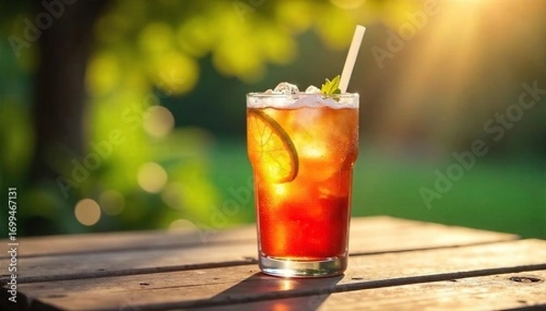 Fototapeta Ice-cold beverage with condensation, sitting on a rustic wooden table outdoors, bathed in warm summer sunlight Perfect for summer refreshment themes , summer drink, water