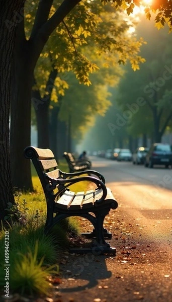 Fototapeta Empty park bench bathed in sunlight, peaceful scene of quiet solitude, deserted urban space during midday Perfect for themes of loneliness, tranquility, or urban stillness , city, summer