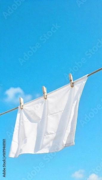 Fototapeta Crisp white laundry hanging on a clothesline against a vibrant blue sky, gently swaying in a soft breeze Perfect for freshness, clean, purity, and spring themes , clean, clothes