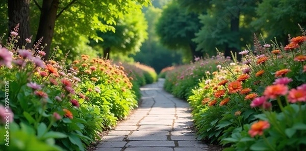 Fototapeta Serpentine pathway meanders through lush garden beds bursting with vibrant blooms and fragrant herbs, creating a tranquil, immersive experience , environment, color, flowers