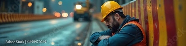 Fototapeta Exhausted construction worker slumped against a barrier, hard hat askew, reflecting the inherent dangers of workplace fatigue and the importance of safety protocols ,  worker,  tired,  helmet