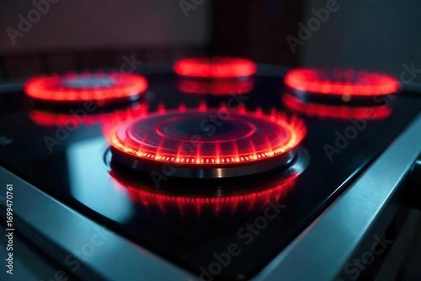 Fototapeta Close-up view of a modern electric stovetop with sleek black glass surface and glowing heating elements, ready for cooking , black, power