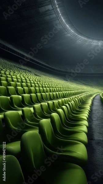 Fototapeta Empty stadium filled with bright green seats during evening event preparation