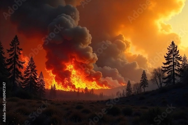 Fototapeta Fierce wildfire raging through a dry forest, consuming trees and underbrush, billowing smoke into the sky The intense heat and flames are clearly visible , bushfire, emergency