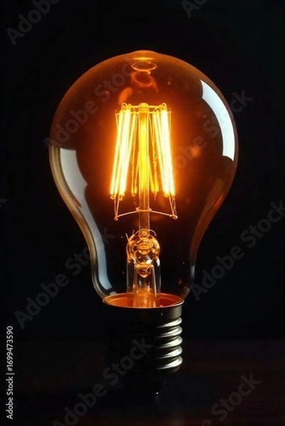 Fototapeta Close-up shot of a glowing incandescent light bulb, filament brightly lit against a dark background Perfect for concepts of ideas, innovation, and energy , glass, incandescent
