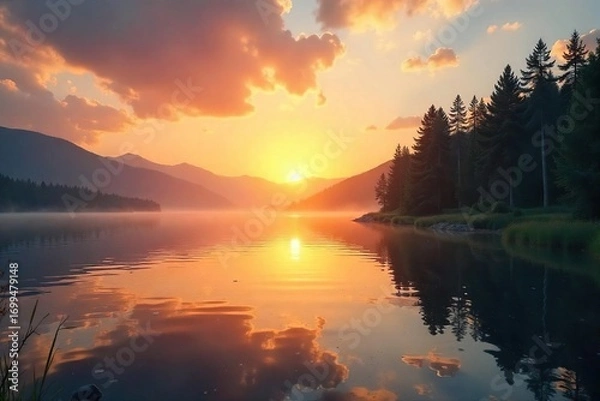 Fototapeta Serene sunrise over a tranquil lake, perfect for prayer or meditation backgrounds Ideal for websites, apps, or social media Peaceful and inspirational scene evoking calm and hope , nature, light