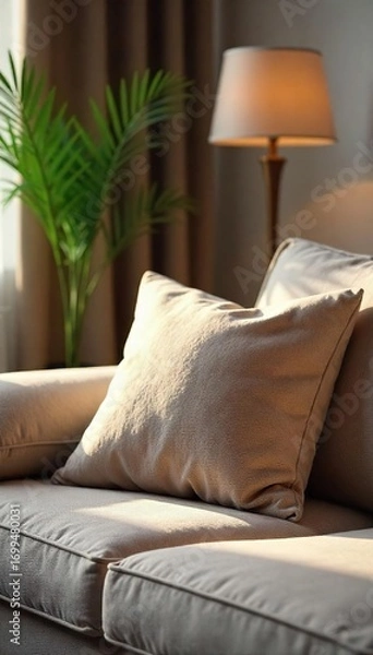 Fototapeta Cozy living room features a plush, oversized cushion resting on a comfortable sofa, inviting relaxation and adding a touch of warmth to the home , texture, warm