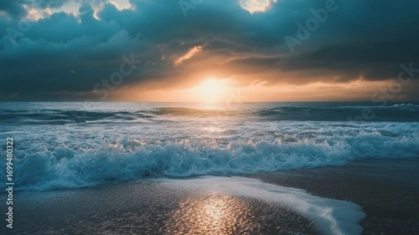 Fototapeta A dramatic sunrise over a sandy beach with waves crashing on the shore.