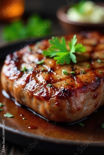 Fototapeta Close-up shot of succulent, seasoned ranch-style meat, perfectly seared and glistening, ready to be served  Juicy texture and rich color are highlighted ,  wholesome,  seasoned,  grilling