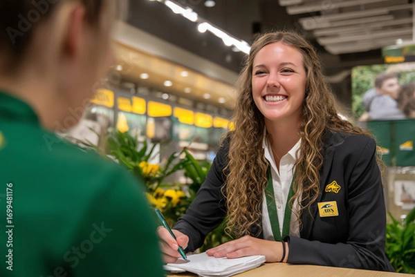 Obraz A smiling woman with curly hair wearing a black blazer with an AWS badge is writing on a notepad while interacting with another person in a bright indoor office or event setting