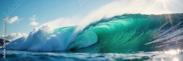 Fototapeta Epic ocean wave crests, ready to be ridden by a surfer  Sunlight glints off the water's surface  Perfect surfing conditions captured in a stunning image ,  ocean,  sky