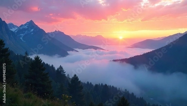 Fototapeta Serene landscape at dawn, mist clinging to mountains, conveying a sense of calm and tranquility, perfect for meditation and mindfulness practices , consciousness, vista