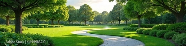 Fototapeta Tranquil Park Landscape Winding Pathways, Lush Lawns, and Mature Trees Create a Serene Atmosphere Perfect for Residential, Commercial, or Public Spaces