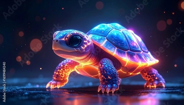 Fototapeta A tiny pastel dragon turtle with glowing neon shell edges, big shiny eyes