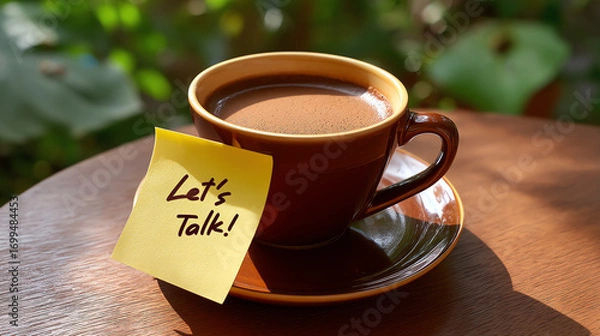 Obraz A brown cup filled with coffee sits on a wooden table with a yellow sticky note reading "Let's Talk!" in a sunlit outdoor setting with green blurred foliage in the background