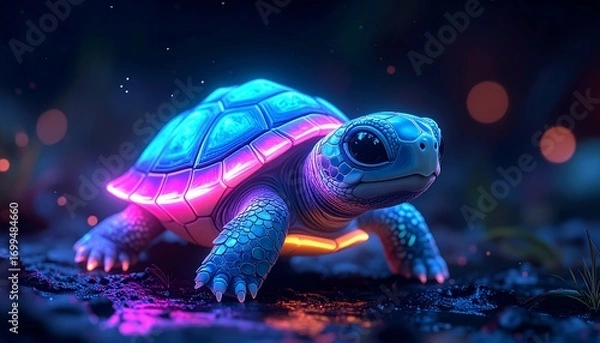 Fototapeta A tiny pastel dragon turtle with glowing neon shell edges, big shiny eyes