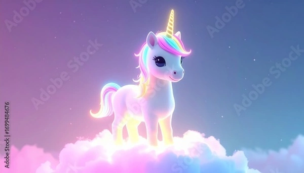 Fototapeta A tiny unicorn with glowing neon outlines, pastel rainbow mane, kawaii expression