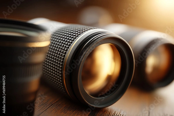 Obraz Close-up of camera lenses with textured focus rings placed on a wooden surface, highlighted by warm, soft lighting creating a professional photography ambiance