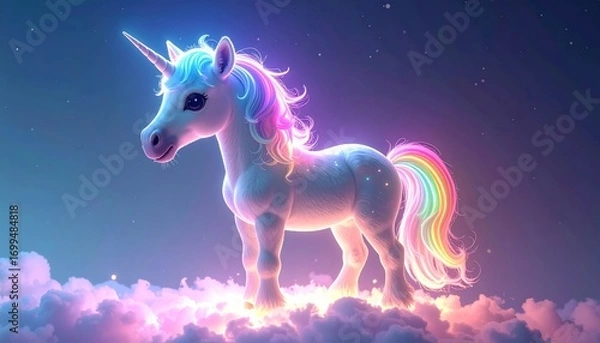 Fototapeta A tiny unicorn with glowing neon outlines, pastel rainbow mane, kawaii expression