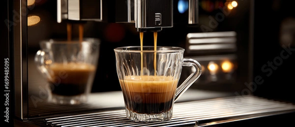 Obraz Espresso coffee is being brewed from a modern coffee machine into a clear glass cup, highlighting the rich layers of crema and dark coffee against a blurred background