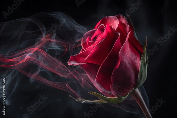 Obraz A close-up of a vibrant red rose with delicate green leaves surrounded by swirling wisps of smoke against a dark background, creating a dramatic and mysterious atmosphere