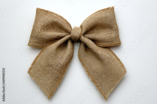 Obraz Rustic burlap bow made from coarse woven fabric, tied neatly with two loops and two tails, displayed on a plain white background