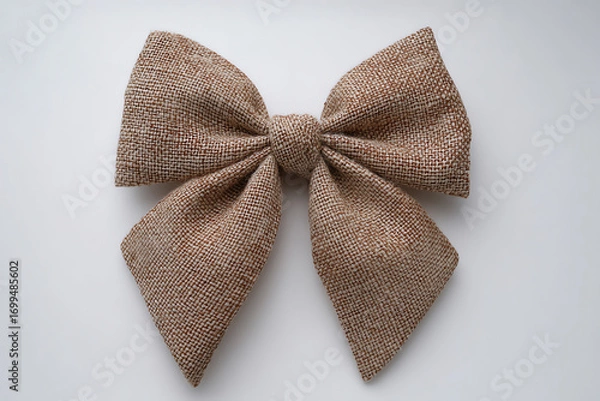 Obraz A large decorative bow made of textured burlap fabric, tied symmetrically with wide loops and tails, displayed against a plain white background