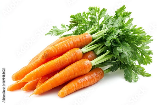 Obraz Fresh bunch of bright orange carrots with green leafy tops isolated on white background, showcasing healthy and natural produce