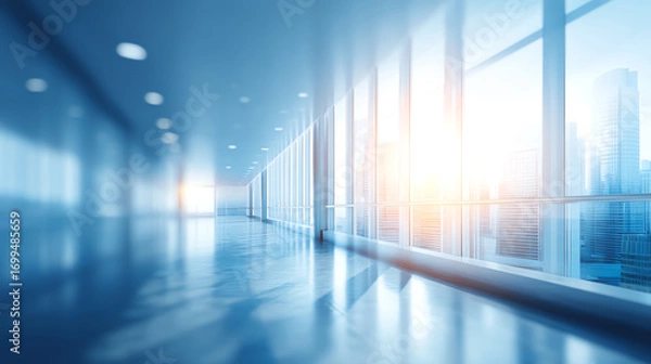 Obraz Bright, modern empty corridor in a high-rise building with large glass windows showcasing a cityscape and sunlight streaming in, creating a sleek and spacious atmosphere