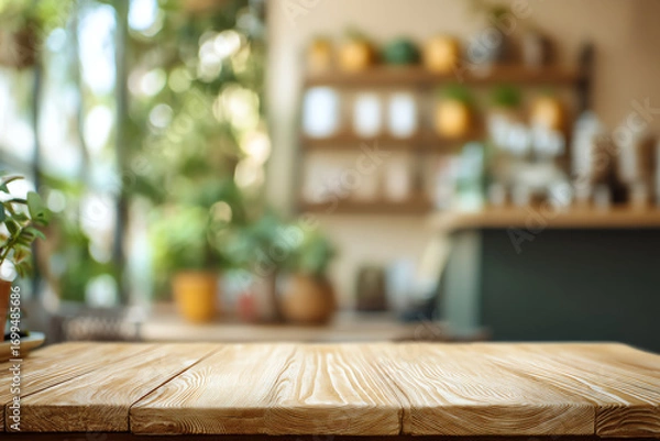 Obraz Wooden table surface in a cozy, sunlit room with blurred shelves and green plants in the background, creating a warm and inviting atmosphere