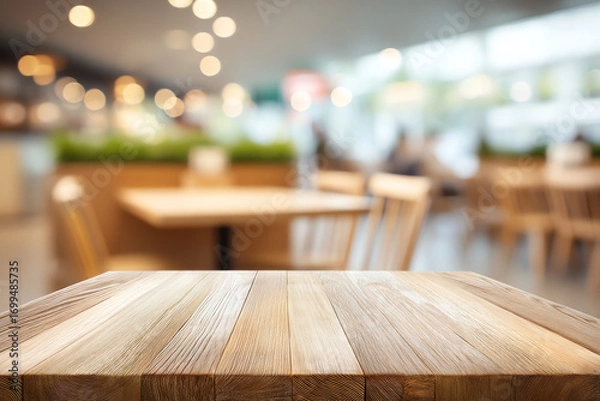 Obraz Wooden table surface in a bright, blurred cafe interior with warm lighting and modern furniture, creating a cozy and inviting atmosphere
