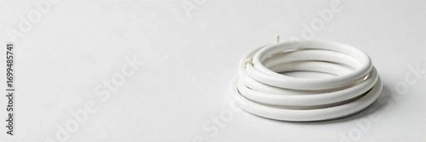 Fototapeta Close-up shot of a pristine white electrical wire, coiled neatly against a clean, neutral background Perfect for projects related to electricity, technology, and home improvement , white, wire