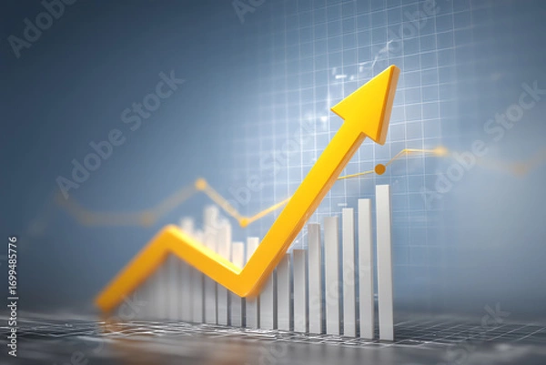 Obraz Yellow arrow sharply rising over white bar chart on blue grid background, symbolizing growth, success, and positive financial trends in business or investment analysis