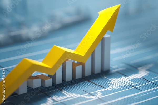 Obraz Yellow arrow rising above bar chart on blue financial data background symbolizing growth and success in business or stock market performance
