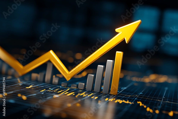 Obraz 3D rendered image of a golden upward arrow and bar chart representing financial growth and positive business trends on a digital grid background