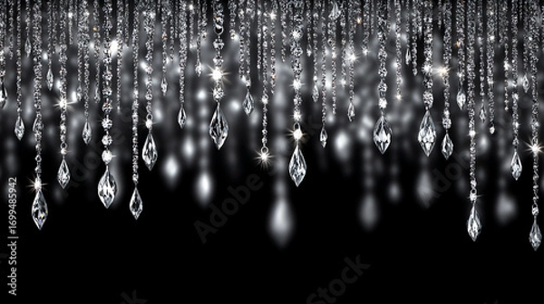 Obraz Sparkling crystal strands hang elegantly against a dark background, reflecting light and creating a shimmering, luxurious effect perfect for glamorous decor or festive occasions