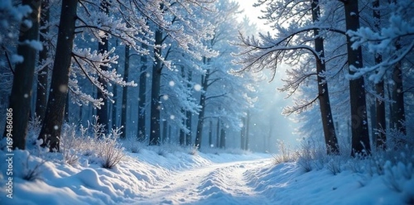 Fototapeta Enchanted winter forest scene Sparkling snow covers frosted trees, creating a magical wonderland Perfect for holiday or fantasy themes , fantasy, branches