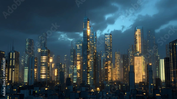 Obraz Futuristic cityscape at night with towering skyscrapers illuminated by numerous glowing windows under a cloudy sky, showcasing advanced urban architecture and vibrant city life