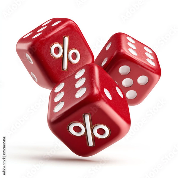 Obraz Three red dice with white dots and percentage symbols, floating on a white background, symbolizing chance, risk, and financial percentages