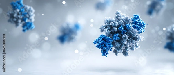 Obraz 3D rendering of molecular structures, highlighting complex protein formations in shades of blue and gray against a soft, blurred background