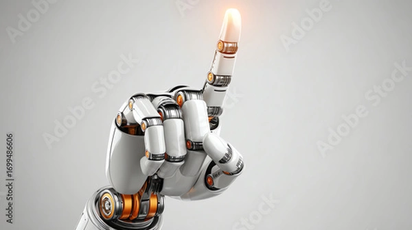 Obraz A futuristic robotic hand with intricate joints and orange highlights is pointing upward, symbolizing innovation, technology, and advanced robotics