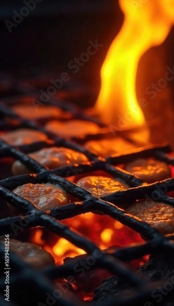 Fototapeta Close-up of vibrant flames licking a grill grate, intense heat and char marks visible on the surface Perfect for culinary, barbecue, and food-related projects , vegetables, grilling