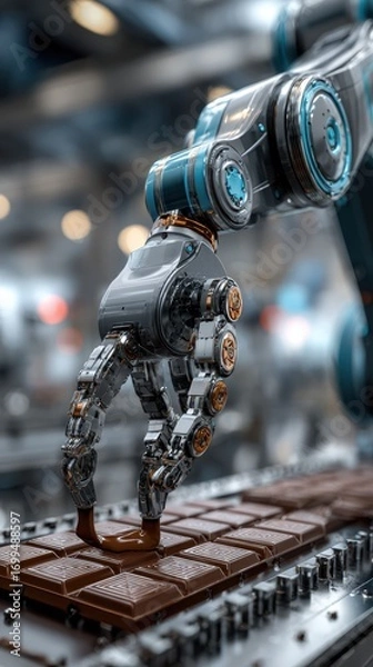 Fototapeta Advanced robotic arm performing precise chocolate pouring in a high-tech factory setting